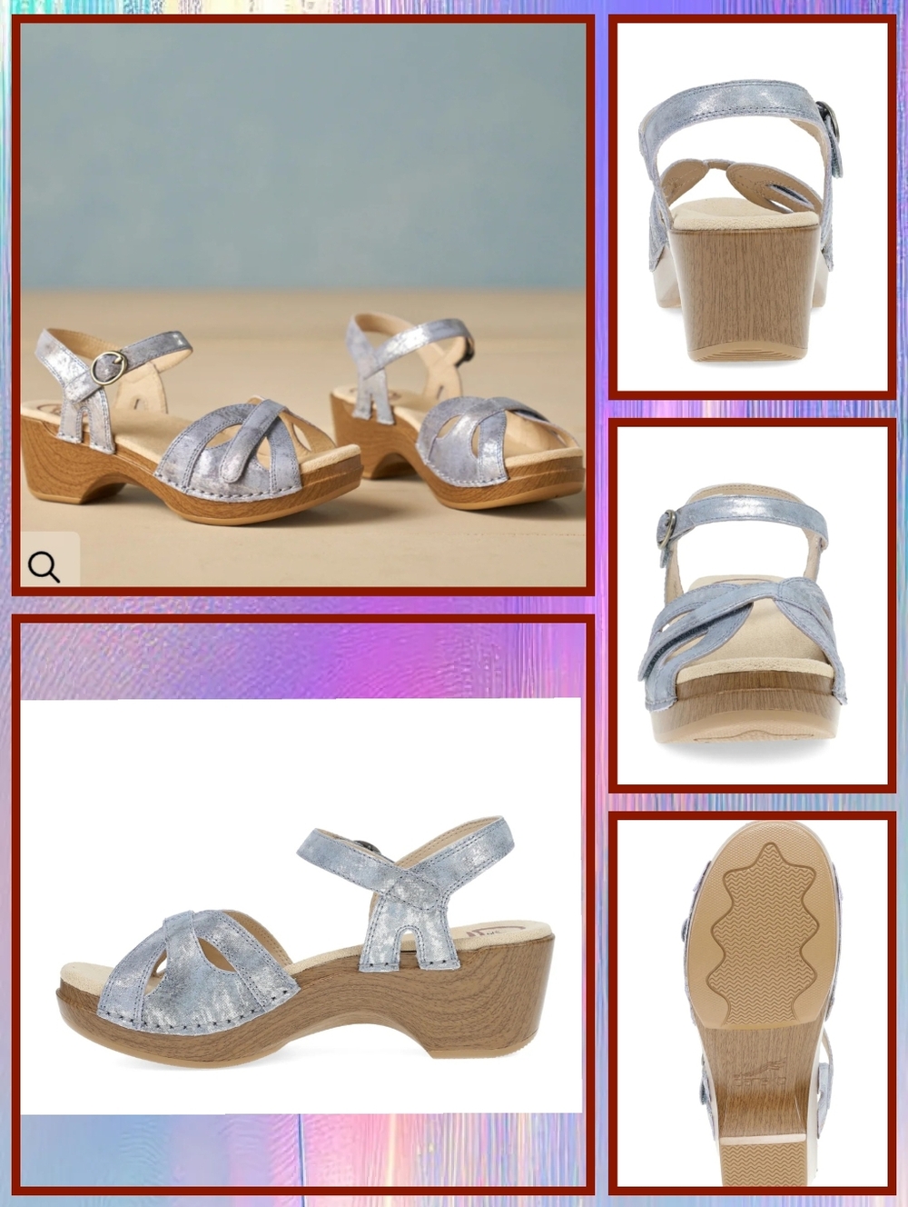 DANSKO " SEASON"Comfort Women’s Blue Denim Silver Metallic Wood-Effect  Sandals